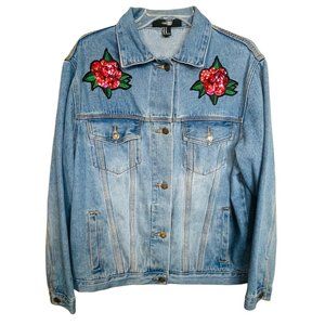 F21 Rose Sequin Blue Denim Jean Jacket Size Medium